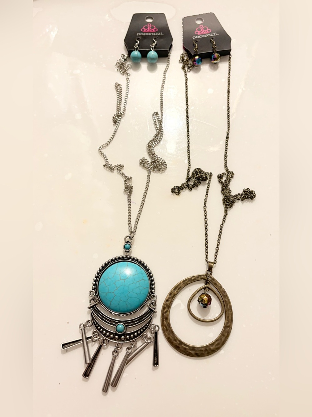 Paparazzi Turquoise Statement Pendant & Silver Necklace With Earrings 4pc